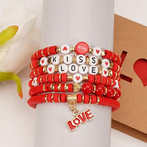 6PCS Valentine’s Day Clay Heishi Bracelet Set for Women- Red Pink Heart Love KISS XOXO Beaded Stretch Bracelets - Handmade Polymer Clay Crystal Glass Stackable Jewelry Gift for Galentine's Anniversary - color: LOVE-03