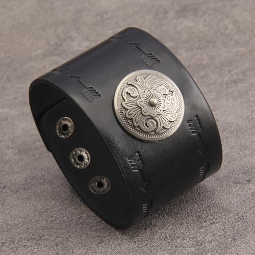 GelConnie Leather Cuff Bracelet Punk Braided Bracelets Rock Leather Wristbands Faux Mens Leather Bracelet Gothic Viking Bangle Adjustable Wrap Bracelet for Women,Men - color: Flower Black Bracelet