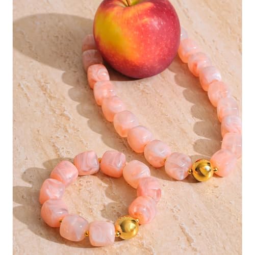 Mchic Colorful Beaded Choker Necklace for Women: Boho Large Square Acrylic Beaded Necklace Stainless Steel Adjustable Surfer Beach Strand Necklaces Summer Handmade Jewelry Gift for Women - color: Pink