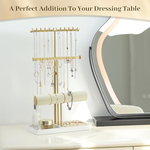 Tirzah 3-Tier Adjustable Jewelry Holder Organizer Stand with 20 Necklace Hooks, 18 Earring Holes and Notches, Bracelet Holder, 6 Ring Rolls, Jewelry Tray for Girls, Women - color: Gold & White, for Necklace Earring Bracelet