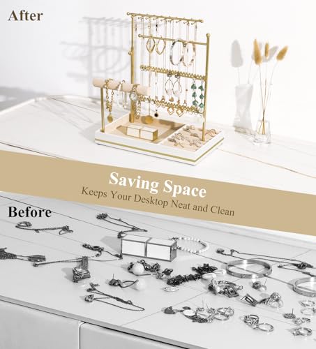 Emibele Jewelry Holder, Jewelry Organizer Stand Necklace Earrings Bracelet Holder, 5 Tier Jewelry Display Tower Rack with Metal Frame and Velvet Ring Tray, Aesthetic Jewelry Stand Gift for Women, Gold - color: Gold & White