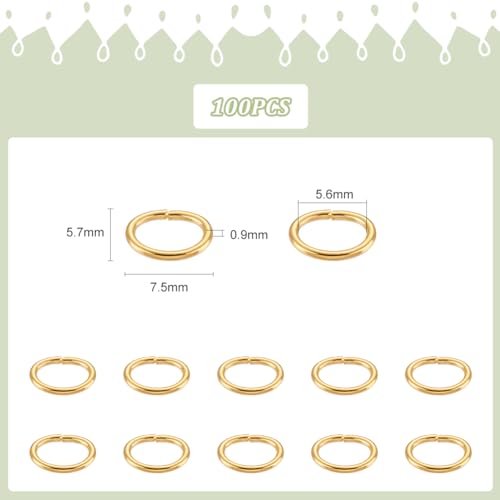 UNICRAFTALE 100 Pcs 304 Stainless Steel Oval Jump Rings, Golden, 5.7mm Wide, 7.5mm Long, 19 Gauge, Perfect for Jewelry Making DIY Craft Earring Bracelet Pendant Choker Findings - size: 7.5mm