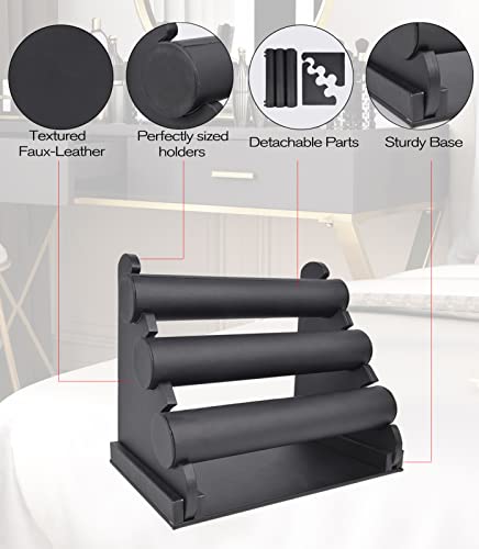 ChezMax Triple Tier Jewery Display Removable Bracelet Holder Jewelry Stand Necklace Stand Jewelry Towers and Watch Holder for Home Organization - color: A- Black PU Leather