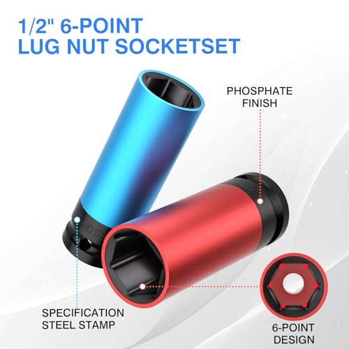 4PCS 1/2" Drive Wheel Protector Impact Socket, Non-Marring Lug Nut Deep Socket Set, CR-MO, 6 Point, Color-Coded Protective Socket | Metric 17 19 21 22 mm - size: 1/2" Protective Cover Sockets 4pcs