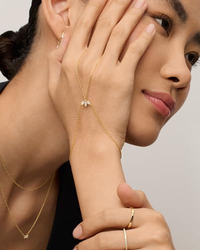 PAVOI 14K Gold Plated Hand Chains for Women - Adjustable Hand Chain Bracelet and Ring - Trendy Gold Handchain Bracelet Stack Summer Jewelry - Beads, Pearl, and Cubic Zirconia Body Jewelry - style: Marquise