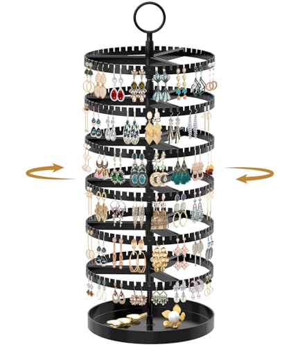 MODOWEY 6 Tier Rotating Earring Holder Organizer Display Tree with Metal Tray, Adjustable Plastic Stand with 342 Slots for Stud Hoop Hanger, Large Capacity Storage Rack for Women Space Saving, Black - color: Black