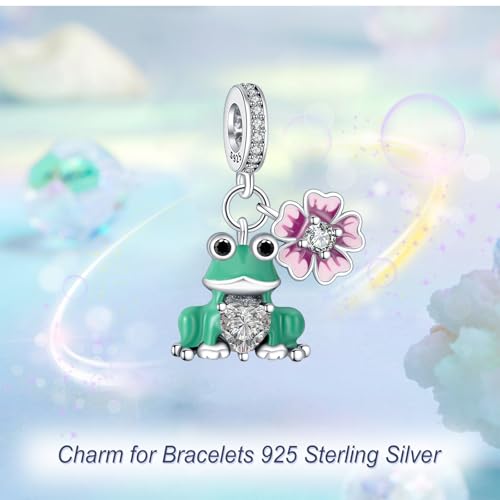 925 Sterling Silver Charms for Bracelets Gold Love and Heart Charms Cherry Blossom Dangle Beads Jewelry for Women - color: Frog and Flower
