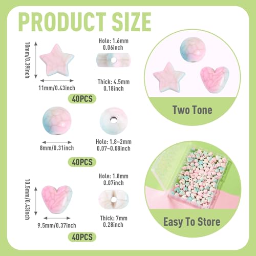 Craftdady 120Pcs Heart Beads Acrylic Round Star Crackle Beads Two Tone Imitation Turquoise Loose Bead Colorful Spacer Bead for Valentine Day Bracelet Necklace Earring DIY Crafts-3 Styles - color: Two Tone Color Crackle Bead