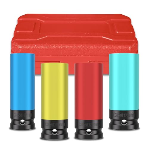 4PCS 1/2" Drive Wheel Protector Impact Socket, Non-Marring Lug Nut Deep Socket Set, CR-MO, 6 Point, Color-Coded Protective Socket | Metric 17 19 21 22 mm - size: 1/2" Protective Cover Sockets 4pcs