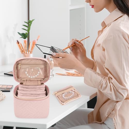 Teamoy Mini Jewelry Organizer with 6 Small Jewelry Bags, Travel Jewelry Storage Box for Necklaces, Rings, Earrings, Bracelets, Quilted Pink - color: Pink