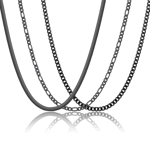 Graduation Gifts -3 Pcs Chain for Men Necklace for Boys 316L Stainless Steel Cuban Link/Figaro/Herringbone Chains Set Jewelry Gifts for Men Women Boys Black/Gold/Silver 16/18/20/22/24 Inches - color: Type A-Black, size: 18''
