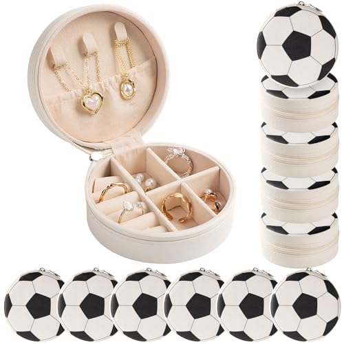 12-Pack Soccer Jewelry Box Bulk Team Gifts for Girls, White Round Mini Travel Jewelry Case for Soccer Players Coaches, Senior Night Tournament Gifting - style: Soccer
