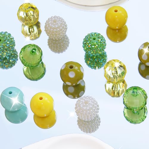 48 Pcs 20mm Beads for Pens Rhinestone Bubblegum Beads Mixed Crystal Acrylic Round Chunky Bead Sparkly Craft Large Balls Bead for Pen Beadable Keychain Bracelet Necklace DIY Jewelry Making Supplies - color: Green series
