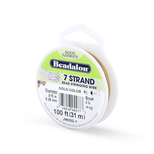 Beadalon 7 Strand Bead Stringing Wire, 0.015 in / 0.38 mm, Gold Color, 100 ft / 31 m - color: Gold, style: .015 in / 0.38 mm , 100 ft / 31 m
