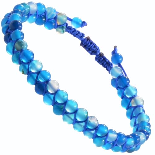 MASSIVE BEADS Double Layer Natural Chakra Healing Power Crystals Macrame Bracelet Yoga Stone Beads Gemstone Meditation Relax Anxiety Bangle for Unisex Women Men - color: Blue Stripe Agate, size: 4mm