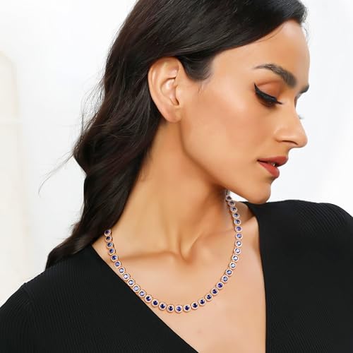 Gemsme 18K White Gold Plated Halo Necklace 5.0mm Round Cubic Zirconia Classic Tennis Necklace - color: Yellow Gold - Blue, size: 16 inch