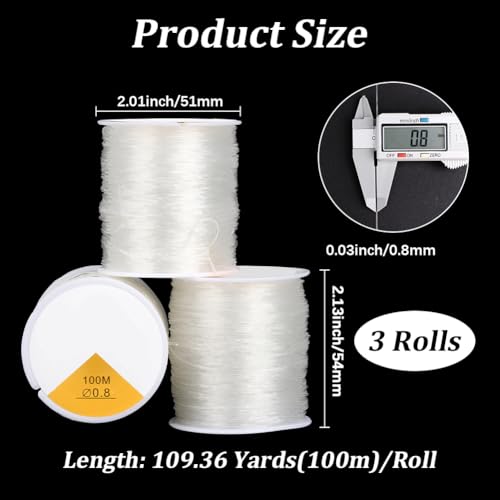 328.08 Yards 0.8mm Clear Elastic Thread 3 Rolls Crystal Stretch Beads Round Cords Transparent Threads Stretchy Beading TPU String for Jewelry Making Bracelet Necklaces DIY Craft Supply