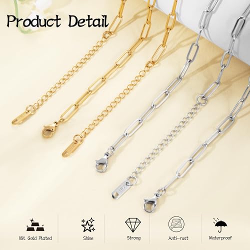 16 Pack 4mm 18K Gold Plated Paperclip Charm Necklace Chains Bulk for Jewelry Making 18Inch 18K Gold Plated and Stainless Steel Necklace Chain with 2 Inch Extension Chain for Women - color: 16 PCS 18K Gold+Silver