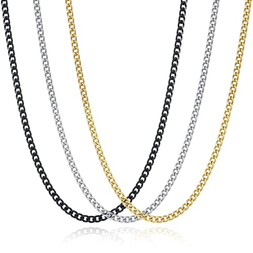 3 Pcs Cuban Link Chain Necklace for men, 4mm Stainless Steel Silver Black and 18K Gold Plated Chains Necklace men Women, 18"/22"/26"/30 Inches - size: 22 Inches