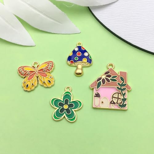 Sailanzi 24pcs Alloy enamel house butterfly mushroom series Pendant Jewelry Making DIY Keychain Earrings Pendant Various Design Charms for Jewelry Making Bracelets Necklace (SN786) - color: SN786