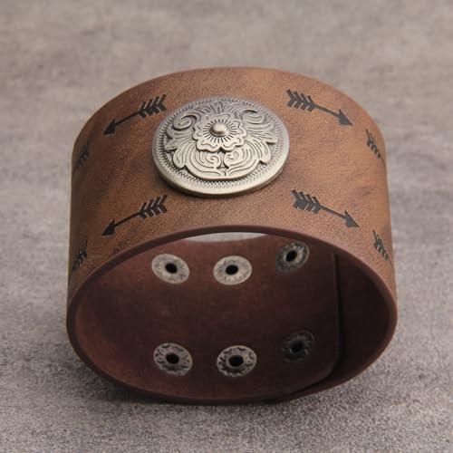 GelConnie Leather Cuff Bracelet Punk Braided Bracelets Rock Leather Wristbands Faux Mens Leather Bracelet Gothic Viking Bangle Adjustable Wrap Bracelet for Women,Men - color: Flower Brown Bracelet