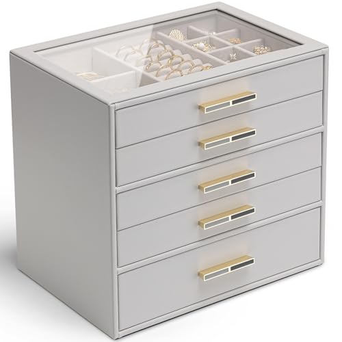 VLANDO 5 Layer Jewelry Box for Women, Glass Lid Jewelry Organizer with 5 Drawers for Necklaces Rings Earrings Bracelets - Grey - color: C. Grey, size: 5-Layer