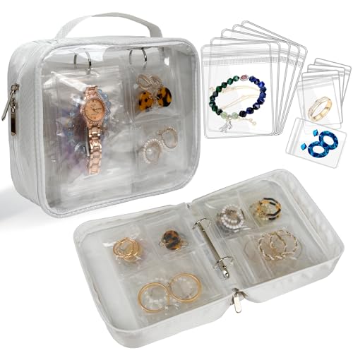 Travel Jewelry Organizer Case Transparent Jewelry Storage Book Binder Bag for Earrings, Rings, Necklace, Bracelet (White-Clear Window) - color: White,Clear Window