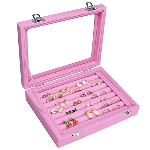 Vicoter Rings Organizer Tray 7 Slots Velvet Jewelry Earring Storage Box with Transparent lid Jewelry Display Case for Girls Wife Mom Women (Pink) - color: Pink