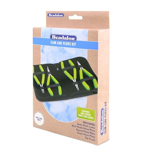Beadalon Designer Series Slim Pliers Kit, Lime Green Vinyl-Free Grips, Stainless Steel, Chain Nose, Bent Chain Nose, Round Nose, Semi-Flush Cutter, 5.75 in, 4 pc w/Zip Pouch - color: Lime Green, style: Pliers Kit