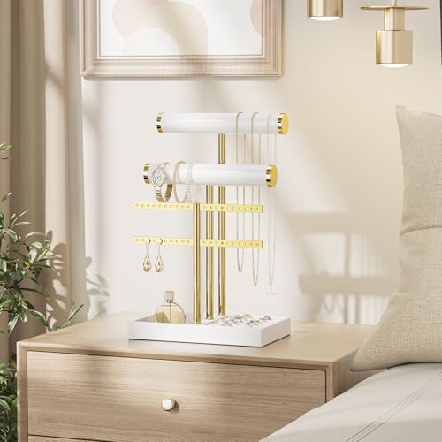 bussdis 3 Tier Bracelet Holder Display - White Leather Bracelet Holder, Detachable T Bar Jewelry Holder Organizer for Bracelet, Necklace, Earrings, Rings, Watches, Bangle - color: White