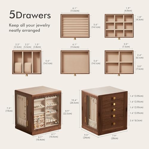 CHOSIN Black Walnut Wooden Jewelry Box, 360° Rotating Organizer with Glass Lid, 5 Drawers for Earrings, Rings, Necklaces – Vertical Jewelry Storage for Women Mothers Day Gifts for Mom - style: 360° Rotatable