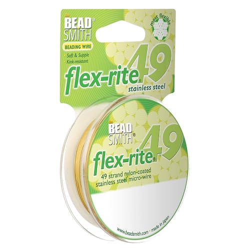 The Beadsmith Flex-Rite Beading Wire - 49-Strand Nylon-Coated Stainless-Steel Wire, 0.014" (0.35 mm) Dia, Metallic Gold, 30 ft Spool, Durable Necklace & Bracelet String, for Jewelry Making Supplies - color: Metallic Gold, size: .014” Dia - 30 ft