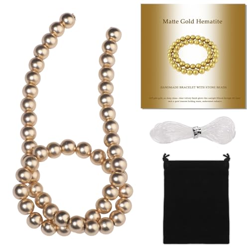 Stone Beads, 45pcs Matte Gold Hematite, 8mm Round Loose Beads for Jewelry Making, Bracelets, with Bag, String & Card - color: Matte Gold Hematite, size: 8mm