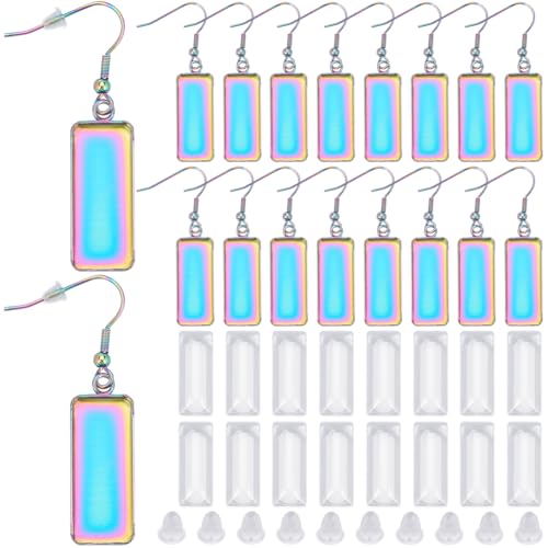 1 Box 20Pcs Rainbow Earring Bezel Blank 10x25mm Rectangle Bezel Pendant Trays with Glass Cabochons Settings Stainless Steel Earring Wire Hooks Accessories for DIY Earrings Jewelry Making - style: Style 4