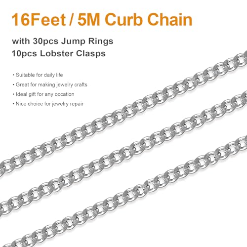Kyutong Twist Curb Link Chain Bulk Silver Jewelry Making Chain Supplies 16.4 Feet Stainless Steel Chain Roll Making Craft DIY Bracelet Ankle with Lobster Clasps and Jump Rings - color: Silver Curb