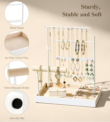 Emibele Jewelry Holder, Jewelry Organizer Stand Necklace Earring Bracelet Holder, 5 Tier Jewelry Display Tower Rack with Metal Frame and Velvet Ring Tray, Aesthetic Jewelry Stand Gift for Women, White - color: White
