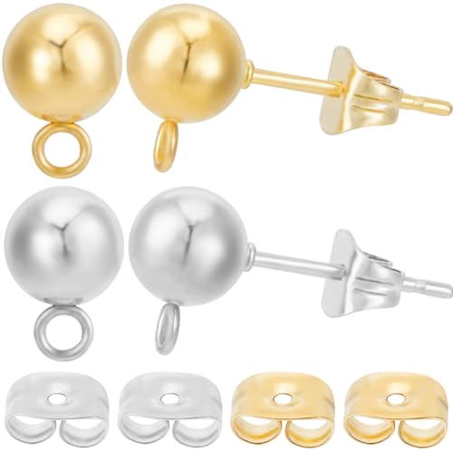 Beebeecraft 40Pcs 6mm Ball Post Stud Earring Findings 24K Gold Plated Stainless Steel Round Ear Stud with Loop and 20Pcs Ear Nuts Earrings Component for DIY Jewelry Making