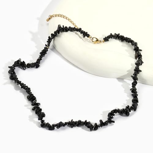 Raw Crystal Necklaces for Women 5-8mm Handmade Natural Stone Necklace Beaded Choker Necklace Healing Crystal Necklace Gemstone Necklace Raw Crystal Beaded Necklace for Her - style: Obsidian