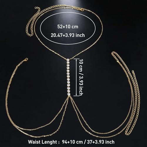 14K Gold Plated Body Chains for Women, Sexy Layered Belly Waist Chain Crossover Bikini Bra Chain, Summer Beach Rhinestone Body Jewelry - style: 10 Diamonds