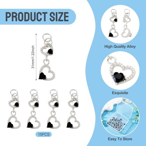 FASHEWELRY 15Pcs Crystal Rhinestone Heart Pendants, Hollow Heart Alloy Dangle Charms Black Glass Love Charms Platinum for DIY Valentine's Day Necklace Earring Jewelry Making - color: Heart-Black