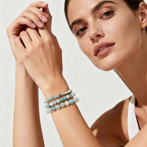 3Pcs Natural Healing Crystal Bracelets for Women Men, 4mm 6mm 8mm Beaded Stretch Bracelet Set, Black Tourmaline Natural Stone Gemstone Jewelry Gifts for Meditation, Reiki & Yoga - color: Amazonite