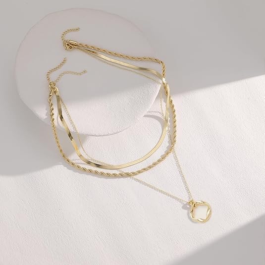 Evabelle Gold Layered Necklace for Women Trendy Jewelry 14K Real Gold Plated Chunky Chain Stackable Necklaces Dainty Choker Necklaces Rectangle Square Pendant