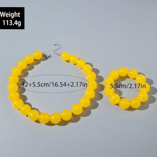 Colorful Chunky Beaded Necklace for Women Acrylic Bead Choker Necklaces Fashion Large Round Beads Necklaces for Women Handmade Summer Jewelry - color: Yellow bracelet + necklace