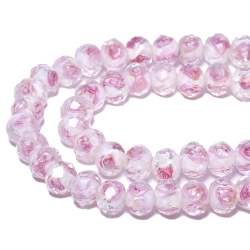 7.5×10mm 50pcs White Pink Flower Faceted Lampwork Glass Beads for Jewelry Making, Flat Round Handmade Murano Beads for Bracelets, Crafts, Friendship Bracelet Kit, Rosary Making - color: White Pink Flower