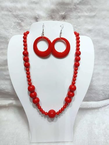 KZL Colorful Round Acrylic Beaded Jewelry Set for Women, Retro 80s Neon Dangle Earrings & Chunky Beaded Necklace, Costume Party Festival Accessories - color: Red