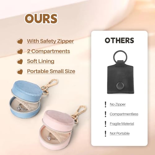 Jewelry Ring Holder Keychain, 2 Pack Velvet Jewelry Holder Storage Box with Buckle, Portable Small Travel Ring Keeper Case for Rings, Earrings, Stud, Necklaces (Pink+Dark Blue) - color: Pink+Dark Blue