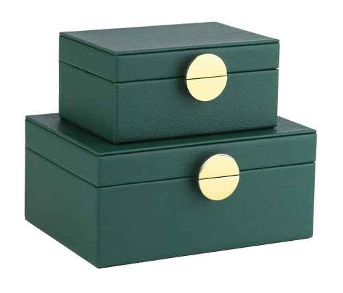 HofferRuffer Faux Leather Jewelry Boxes, Decorative Boxes Storage Accessory Organizer with Gold Hardware Decor, Classic Vegan Leather Set of 2 Pieces (Green) - color: Green