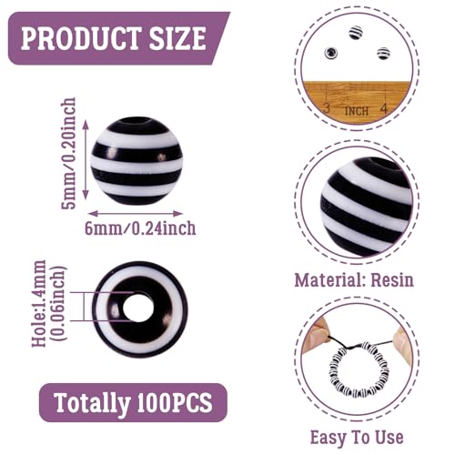 Cheriswelry 100pcs Round Black White Striped Acrylic Beads 6x5mm Chunky Ball Zebra Lined Striped Bubblegum Gumball Bead Spacers for DIY Jewelry Making Supplies Women Girl - color: Round-Black White, size: 6mm