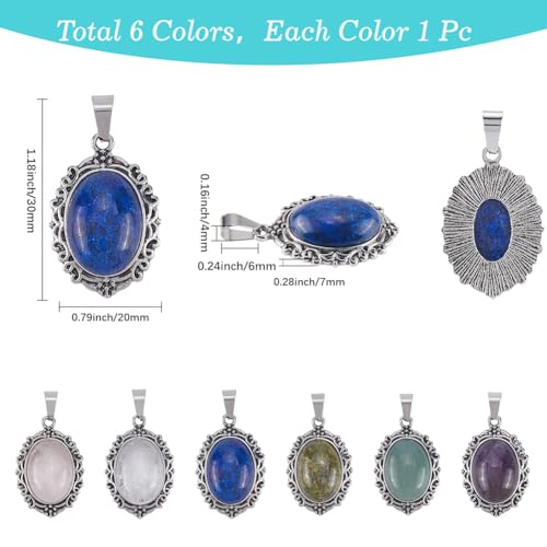 SUNNYCLUE 1 Box 6Pcs 6 Styles Natural Gemstone Charms Crystal Stone Charm Bulk Oval Alloy Antique Silver Colorful Gem Stones Pendants for Jewelry Making Supplies DIY Craft Necklace Bracelet Earring