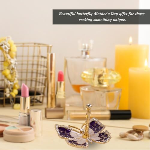 Matashi Butterfly Jewelry Holder for Women, Enamel - Gold Plated Jewelry Stand Organizer Ring Holder w Crystals, Gift for Mom on Christmas, Mother’s Day, Birthday, Anniversary, Valentine’s Day, Purple - color: Purple